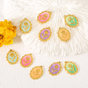 Colgante ovalado de acero inoxidable con forma de tulipán para hacer collares, accesorio de joyería DIY, accesorios de joyería de color dorado - Product Image 1