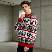 Pull en tricot Fair Isle pour homme, col rond, motif renne et flocon de neige, manches longues, pull de fête festif