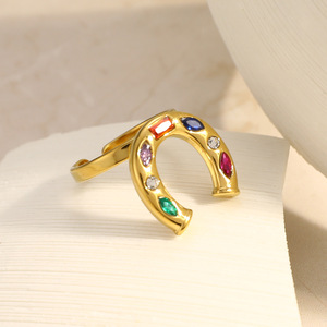 แหวนรูปทรงเกือกม้าประดับเพชรและเพทายหลากสี ชุบทอง 18K ดีไซน์เปิดสำหรับผู้หญิงใส่ได้ทุกวัน - Product Image 3