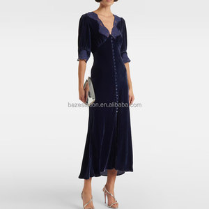 <span class=keywords><strong>Robe</strong></span> longue de luxe décontractée en velours uni à <span class=keywords><strong>col</strong></span> en <span class=keywords><strong>V</strong></span> et <span class=keywords><strong>manches</strong></span> <span class=keywords><strong>courtes</strong></span>, garnie de dentelle, à simple boutonnage pour femme – Vente en gros OEM/ODM directe usine - Product Image 2
