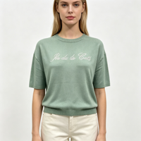 Pull décontracté brodé de haute qualité pour femme, col rond, manches courtes, couleur blanche, personnalisable OEM & ODM, vente en gros
