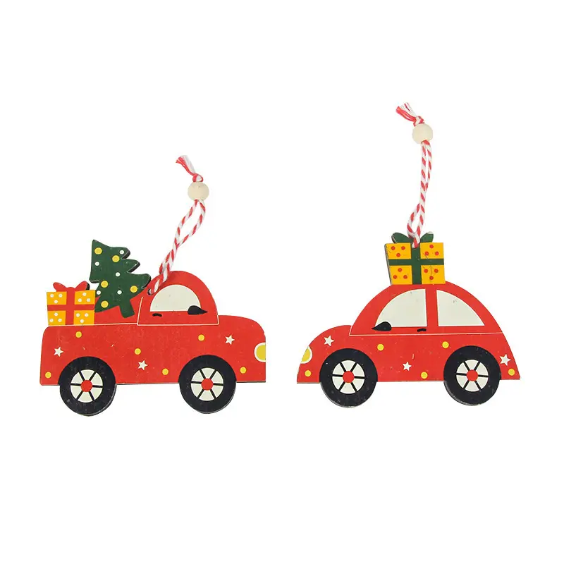 Tailai 2 Pieces Christmas Ornaments Red Car Santa Wooden Xmas Ornaments for New Year Wood Christmas Hanging Decorations