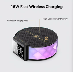 <span class=keywords><strong>Lampe</strong></span> de table à chargeur rapide sans fil 15W Design moderne écologique avec corps contemporain Base de l'ampoule E14 et fonctionnalité d'horloge - Product Image 4