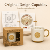 Mug à café en céramique souvenir Suisse, motif drapeau et bâtiment emblématique, avec badge métallique, en porcelaine fine, personnalisable OEM, vente en gros