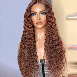 Wholesale virgin wig HD 20 to 34 inches high quality Reddish Brown Deep Curly 13x4 Transparent Lace Frontal Human Hair Wig