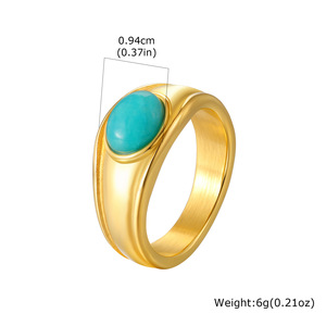 Anillo vintage de acero inoxidable chapado en oro para mujer, con incrustaciones de amazonita natural ovalada, minimalista, elegante y ajustable. - Product Image 5