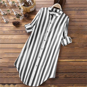 Gestreiftes Langarm-Mitteloberteil für Damen, lässige Bluse in großen Größen aus Baumwolle und Leinen - Product Image 3