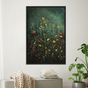 Impression sur toile de fleurs sauvages vintage : art mural botanique floral vert foncé, toile encadrée noire - Product Image 3