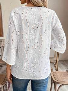 Fashion Womens Shirt Floral Embroidered <b>Dressy</b> Casual 3/4 Tiered Bell Sleeve Blouses Chiffon Work Mesh <b>Tunic</b> <b>Top</b> - Product Image 4
