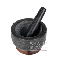 Ensemble de mortier et de pilons en granit noir, prix d'usine, plateau en bois, piédestal classique, mortier et pilon en granit avec Base en bois