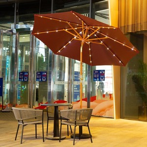 7.5FT Modern Iron Outdoor Furniture LED Patio Umbrella Solar Powered <b>Lights</b> UV Printed Crank Tilt Shade Canopy 3m Radii - Product Image 1