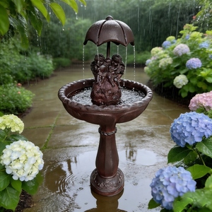 אמבט ציפורים דקורטיבי עתיק, עצמאי, עשוי שרף פיברגלס, מופעל באנרגיה סולארית, עמיד בפני מזג אוויר, בעבודת יד, בצורת מטרייה, לשימוש חיצוני - Product Image 2