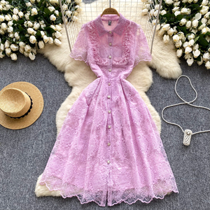 ชุดเดรสยาวปักลายลูกไม้สไตล์วินเทจฝรั่งเศสสำหรับฤดูร้อน - Product Image 1