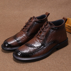 Men's Brown Genuine Leather Lace-up <b>Dress</b> <b>Boots</b> Round Toe Rubber Outsole Comfort Solid Genuine Leather Lining Autumn Office Wear - Product Image 1