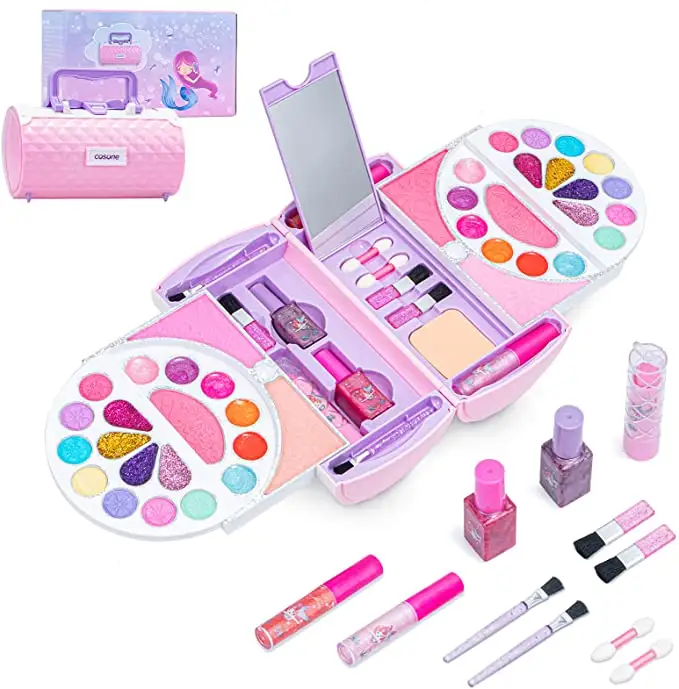 Kids Makeup Kit 54 Pcs Real Cosmetic Make Up Set, Safty Tested Washable Makeup Toy Set with Portable Box for Girls Prentent Play