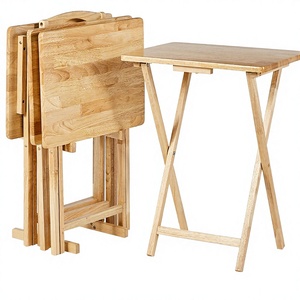 Mesa Plegable Moderna de Madera Maciza para TV con Bandeja para Comida y Estante de Almacenamiento, Natural, Paquete de 4, para Uso en Cocina y Sala de Estar - Product Image 1