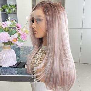 Pelucas sintéticas de fibra de alta calidad 13x4 con encaje, color rosa ceniza rubio con raíz marrón, para mujeres a la moda, uso diario. - Product Image 5