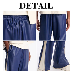 Pantalon de survêtement large en cuir pour homme KingSen, avec empiècements latéraux contrastants, taille à cordon de serrage et fermeture éclair aux chevilles, coupe décontractée, style streetwear - Product Image 6