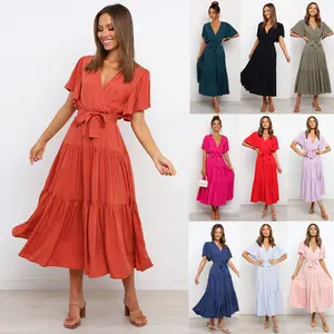 2023 New Fashion Women Round Collar Solid Color Short Sleeve Long Dress Vacation Ladies Dress