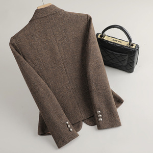 Brown Wool Blazer For Women Slim Fit Full Sleeve Suit Collar Warm Coat Houndstooth Pattern Spring Winter 2025 Petite Size - Product Image 3