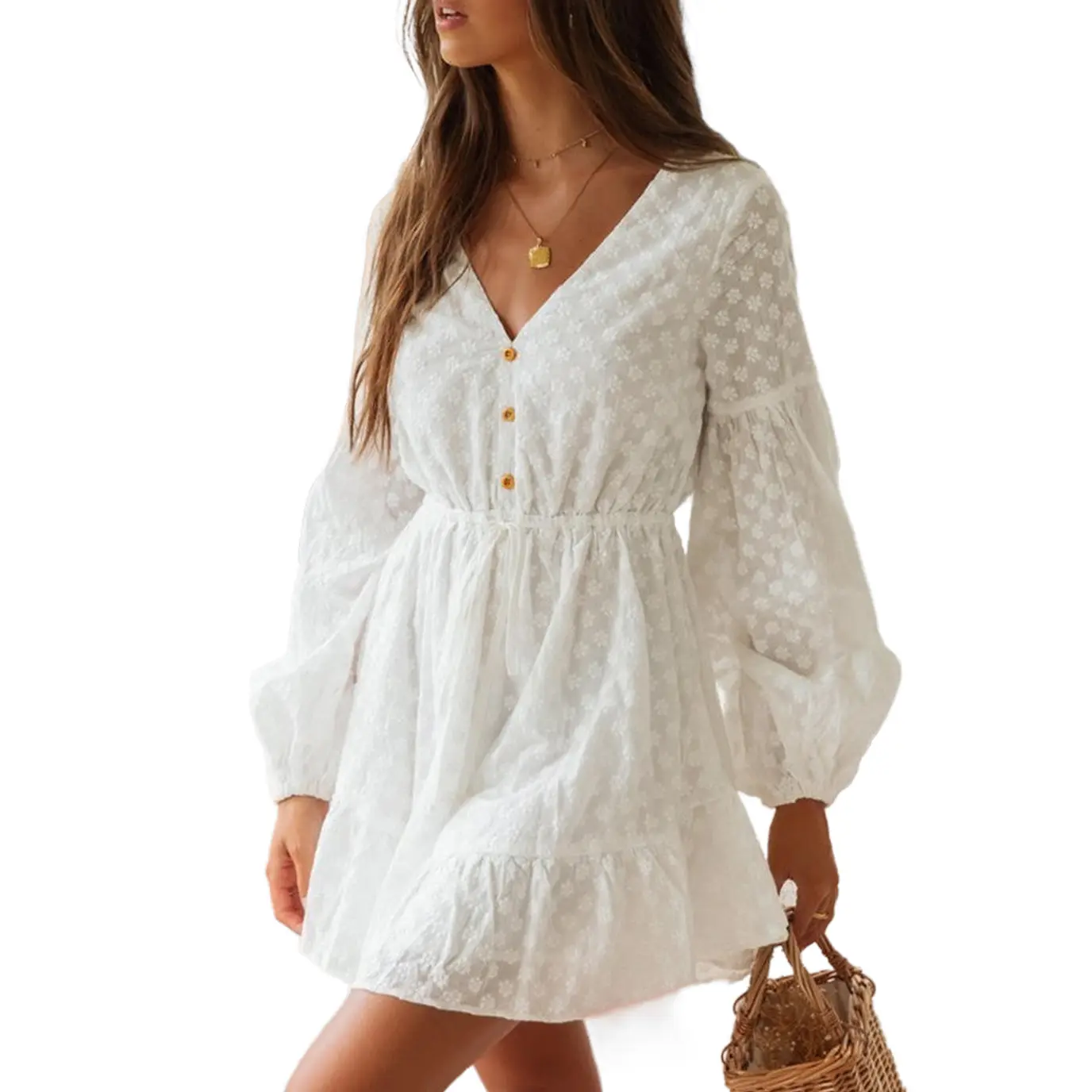 Custom Boho Inspired White Mini Casual Dress Embroidery Floral V Neck Bishop Puff Sleeve Cut Out Summer Boho Dress