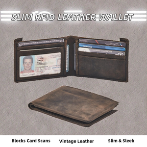 HAISHAN Genuine Leather Men's Bifold <b>Wallet</b> <b>RFID</b> <b>Blocking</b> Slim Minimalist Front Pocket Short Stylish Crazy Horse Open Closure - Product Image 2