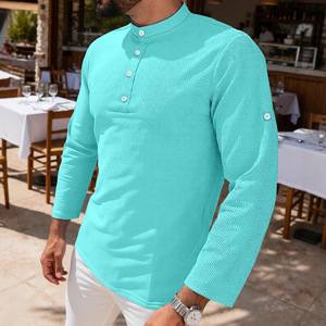 Polo de Hombre con Textura Waffle, Manga Media, Cuello Alto con Botones, Transpirable, Casual, para Negocios, Corte Holgado, 100% Poliéster - Product Image 5