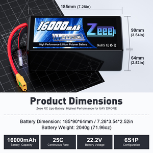 Zeee FPV 무인 항공기 배터리 6S 16000mAh 25C 22.2V UAV 배터리 <span class=keywords><strong>RC</strong></span> 쿼드콥터 비행기 헬리콥터 자동차 트럭 - Product Image 2