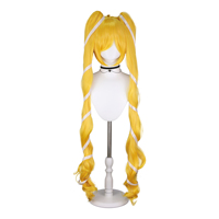 Perruque Cosplay longue jaune Double queue de cheval avec ruban blanc pour personnage d'anime Cosplay cheveux synthétiques résistants à la chaleur