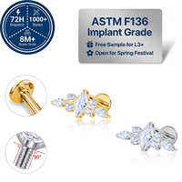 Anting-anting tindik bibir, tragus, helix berbahan titanium zirkon ASTM F136 JIAXIN, dilapisi emas 18K, ulir dalam.