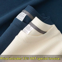Kaos Pria Musim Panas Vintage Rajutan Waffle Kerah Pendek Lengan Pendek Longgar Ukuran Besar Bahan Sutra Es Tipis Polos Kasual