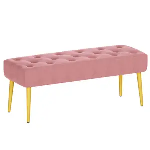 2023热卖粉色天鹅绒长凳装饰水晶纽扣簇绒加厚卧室软厨房长凳