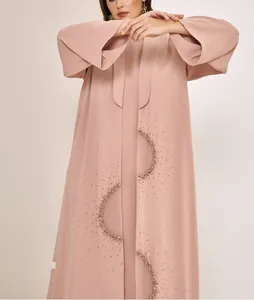 Custom Modest Luxury Islamic Women's Clothing Pink Fashion Dubai Chiffon Open Abaya Luxurious Eid