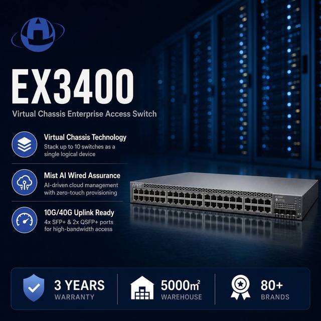 Juniper EX3400-24T 24 Port Switch Layer 3 Managed Gigabit Switch with 4x10GbE SFP+ 2x40GbE QSFP+ Uplink for Enterprise