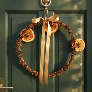 Corona Rústica Hecha a Mano con Anís Estrellado y Naranja Seca con Cinta Dorada, Flores Decorativas Navideñas, Corona Redonda sin Luces - Product Image 5