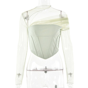 <b>Women's</b> Asymmetric <b>Mesh</b> Strapless <b>Top</b> Green And Red Color Blocking Breathable Polyester Summer Leisure <b>Tops</b> - Product Image 5