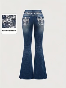 Fashion Women Flare Denim Pants Embroidery Back Pockets Rhinestone Decor All Season Ladies Long <b>Jeans</b> - Product Image 1
