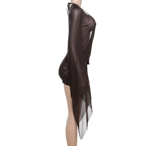 Vestito trasparente con scollo a V profondo da donna che vede attraverso Mini abito caftano a maniche lunghe S-L - Product Image 5