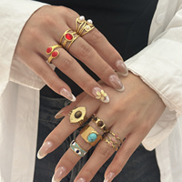 Bague ouverte CUMAI en acier inoxydable plaqué or avec pierres, perles et émail pour femme, style bohème vintage, turquoise, œil de tigre, rose, réglable
