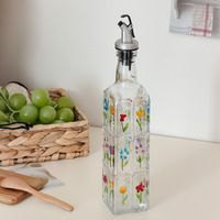 Bouteille distributrice d'huile d'olive en verre peint de 500 ml, motif floral, récipient à condiments pour comptoir de cuisine
