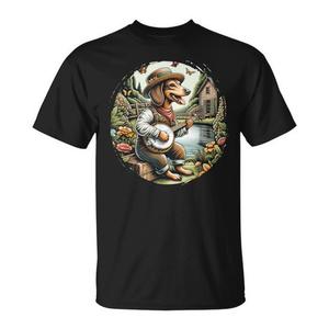 T-shirt charmant style Cottagecore avec motif de Dachshund et banjo, et scène de jardin rustique, pour les amateurs de musique et les passionnés de chiens - Product Image 1