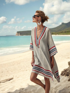 เดรสคาฟทันลายทางสไตล์โบฮีเมียนสำหรับผู้ห<span class=keywords><strong>ญ</strong></span>ิง รุ่นพรีเมียม แฟชั่นฤดูร้อนใหม่ เนื้อผ้านุ่ม ระบายอากาศดี คอวี แขนทรงปีกค้างคาว เหมาะสำห<span class=keywords><strong>รั</strong></span>บใส่คลุมชุดว่ายน้ำ ความยาวปานกลาง - Product Image 5