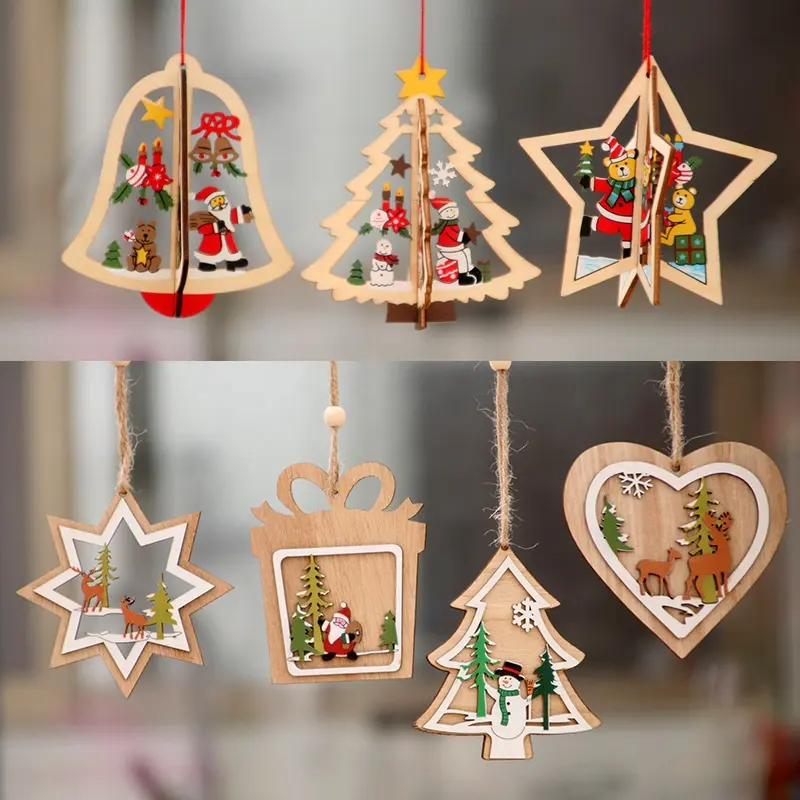 3D Christmas Ornament Wooden Hanging Pendants Star Xmas Tree Bell Christmas Decorations For Home Navidad