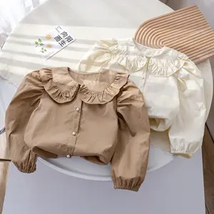 Blusa infantil moderna de primavera e outono, camisa de algodão de manga longa e em cor sólida