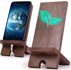 ยืนโทรศัพท์ไม้สำหรับโต๊ะทำงาน iPhone ยืนไม้วอลนัทโทรศัพท์แท็บเล็ตยืนที่มีอีพ็อกซี่ใบ