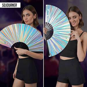 พัดไม้ไผ่แบบหมุนมือ ขนาดใหญ่ 33 ซม. พัดพีวีซีสำหรับงานปาร์ตี้ พัดตกแต่งลายเพ้นท์สวยงาม ของที่ระลึก ของขวัญทางธุรกิจ ขายส่ง - Product Image 4