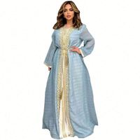 Tenue pour femmes musulmanes, brodée, avec strass thermocollants, ensemble deux pièces tendance saoudienne, avec ceinture