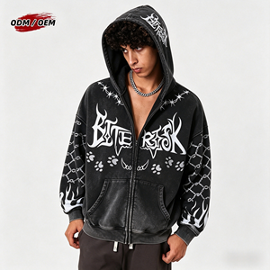 Vintage Oversized Washed Zip-Up Hoodie Graphic Print Unisex Y2K Streetwear Zip Hoodie Distressed YKK Zipper Hoodie - Product Image 2