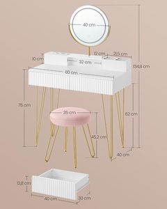 Table de maquillage moderne SENYU avec miroir éclairé et tabouret, blanche avec pieds dorés, bureau de coiffeuse pour chambre à coucher avec tiroirs de rangement - Product Image 3