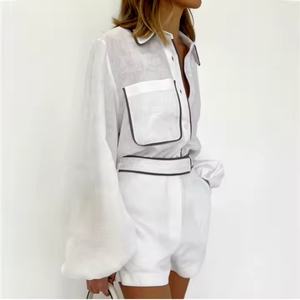 Conjunto Casual de Lino y Algodón para Mujer, Estilo Nuevo 2025, Camisa y Pantalones Cortos con Botones Decorativos, Uso Diario, Tela de Lona - Product Image 2